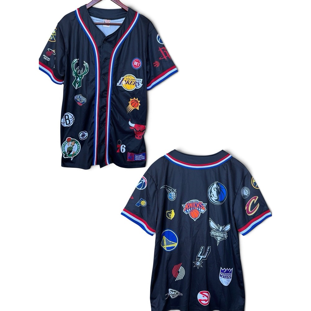 NBA Ultra Game Jersey Mens Medium Black All Over Team Logos Print NWT Basketball
